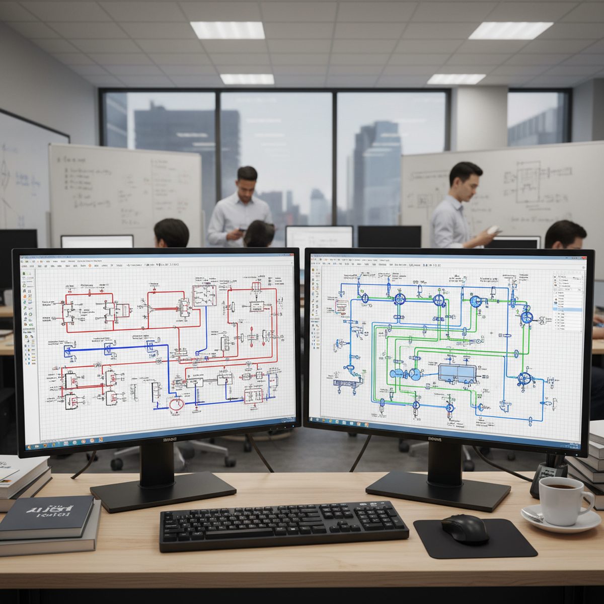設備の電気図面を確認する設計者