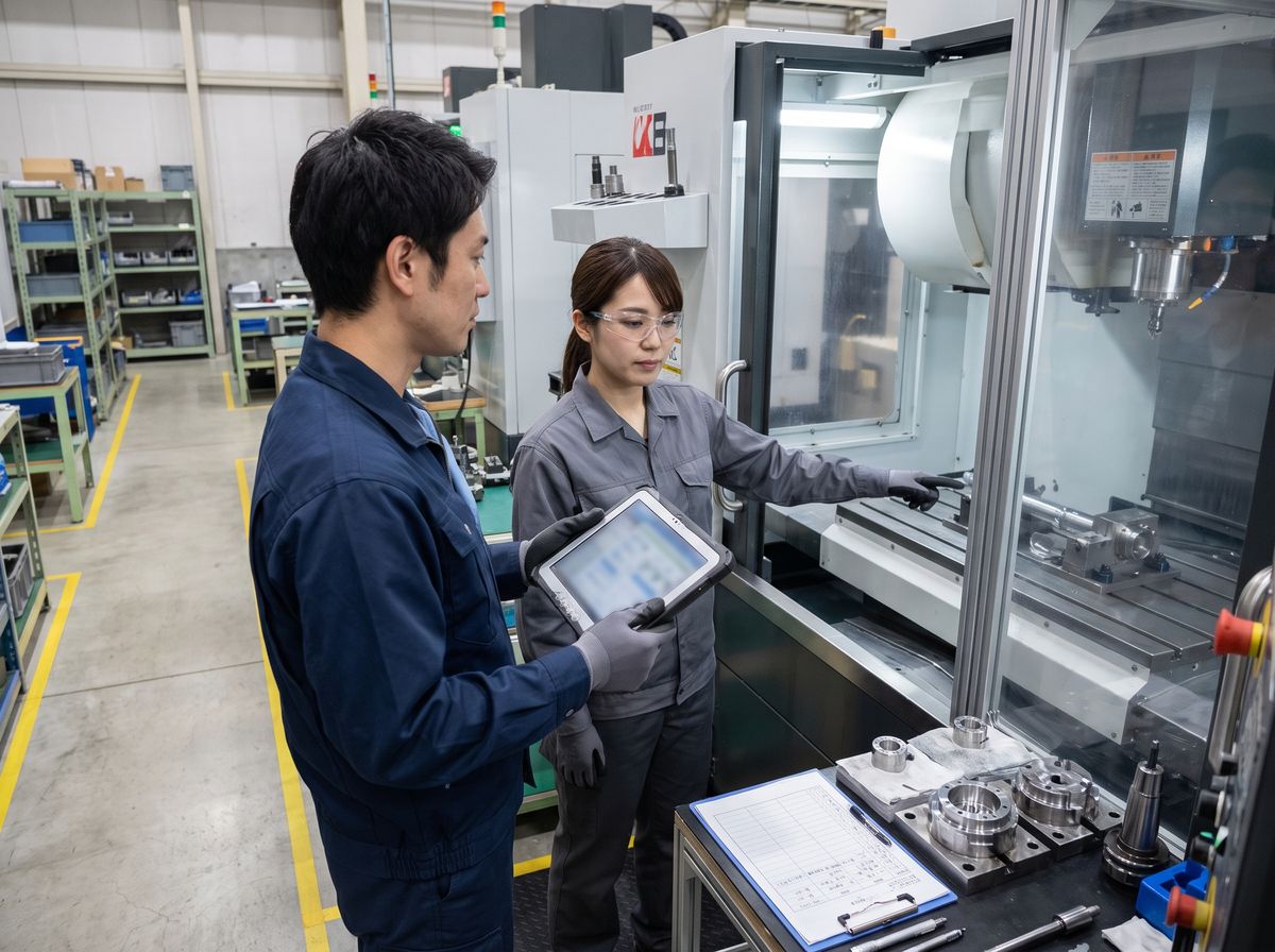 工作機械の前でタブレットから設備情報を確認する生産技術者