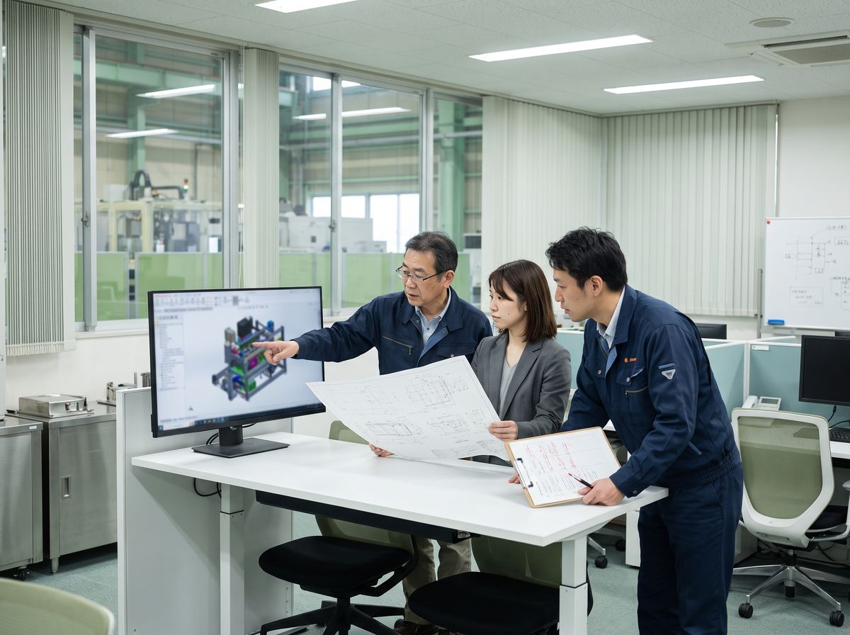図面と3Dモデルを前に設備仕様を確認する生産技術者