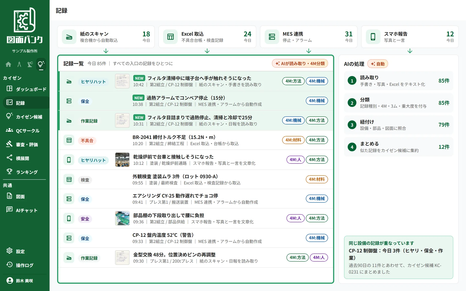紙・Excel・MES・スマホから記録が集まり、AIが読み取って4Mで分類する画面