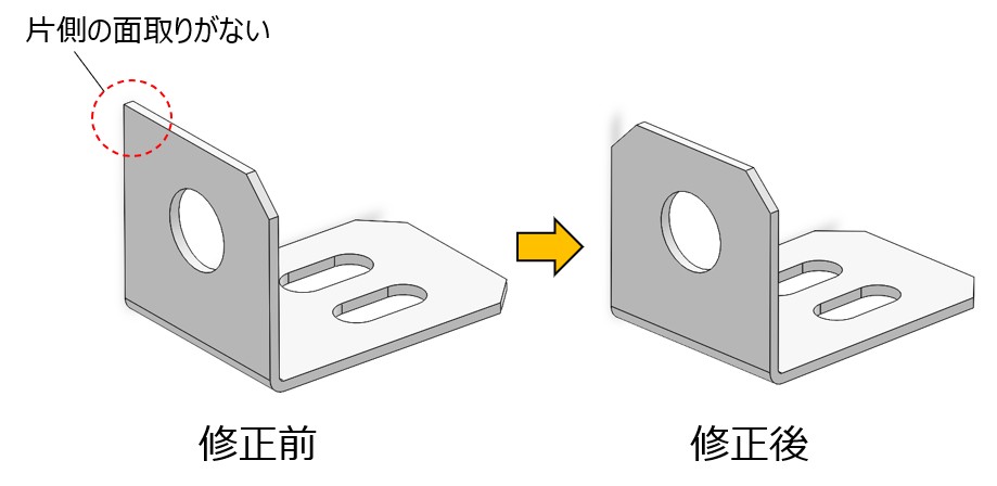 Claude Codeが作ったSTEPファイルの3Dモデル。修正前は立ち上がり側の片方にC5面取りがなく、修正後は両側に面取りが付いた